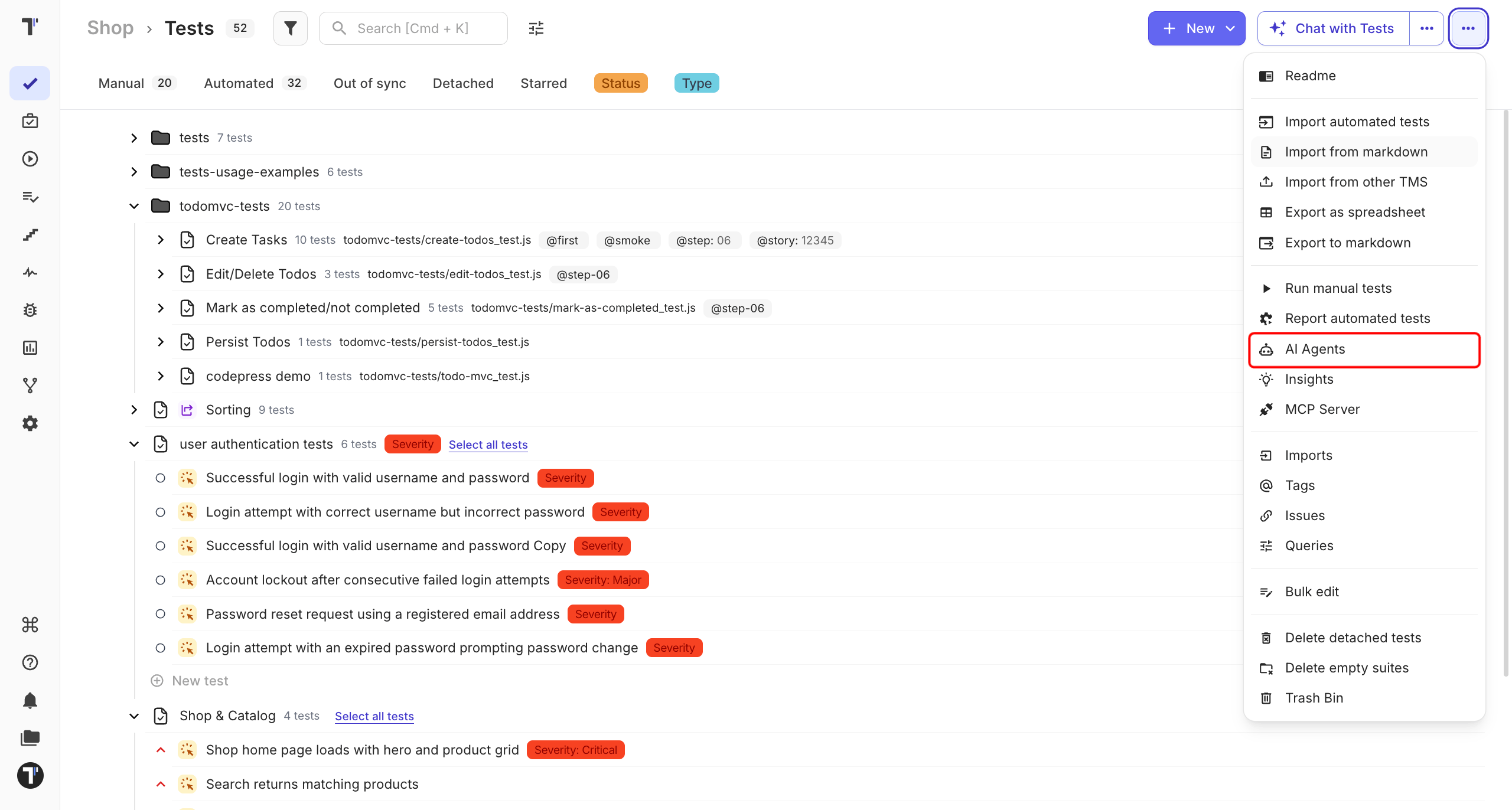 The AI Agents list open, with Transform Project to BDD in it